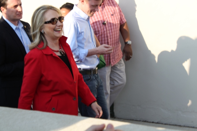 Secretary of State Hillary Clinton makes her way into Wrigley Field on Saturday night. (Photo by Sean McDonough)